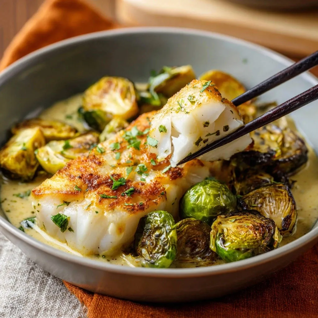 Pan-seared white fish with creamy Brussels sprouts, with chopsticks lifting a flaky piece of fish.