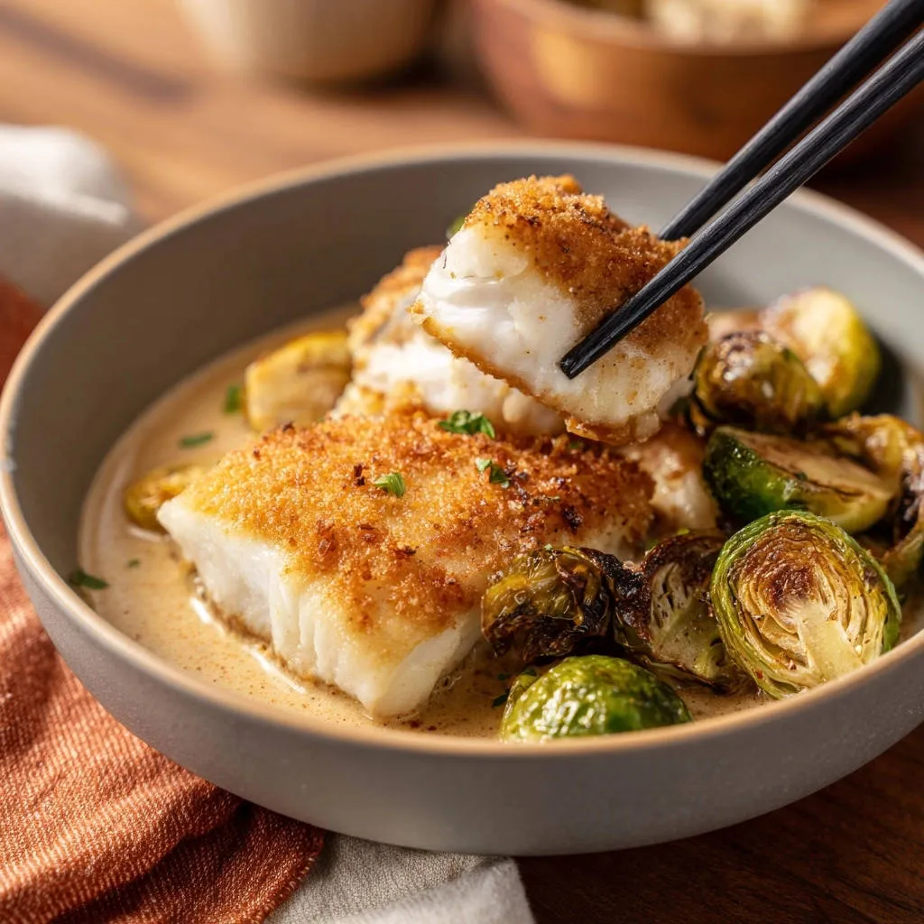 Pan-seared white fish with creamy Brussels sprouts, shown with chopsticks lifting a piece of flaky fish.