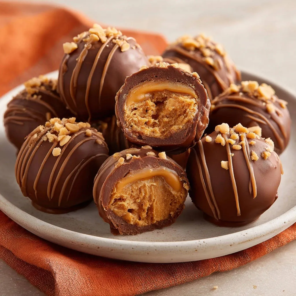 Peanut butter truffles cross-section detail showing smooth caramel and peanut butter filling, topped with chopped nuts.