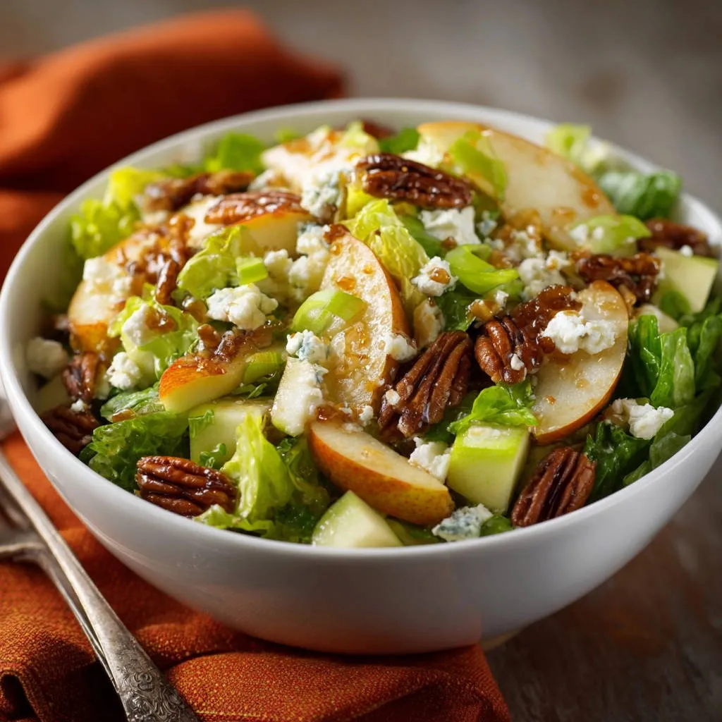 Fresh Pear & Pecan Salad close-up, featuring crumbled blue cheese, sliced pears, and toasted pecans.