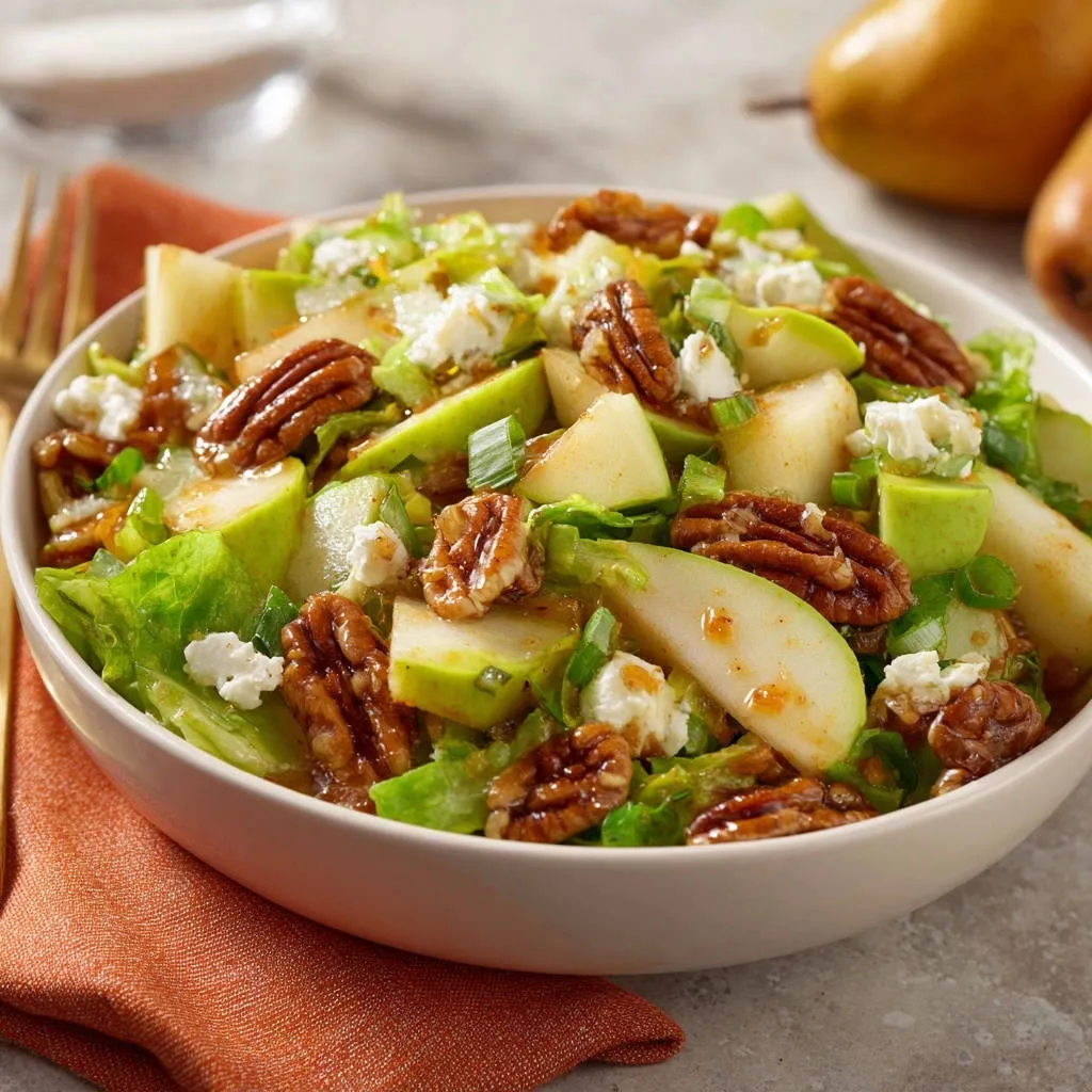 Fresh Pear & Pecan Salad close-up in a bowl, featuring pecans, cheese, and pear slices.