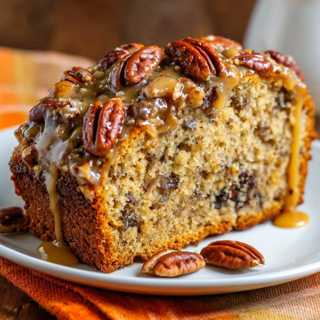 Decadent Pecan Caramel Quick Bread slice generously glazed with caramel and topped with pecans.