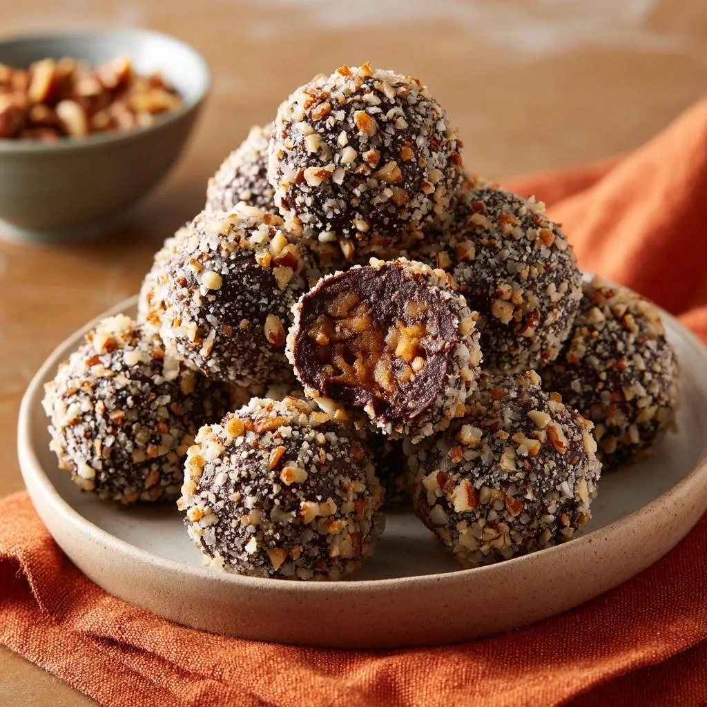 Pecan caramel truffles shown in a close-up cross-section revealing a gooey caramel center and chopped nuts.