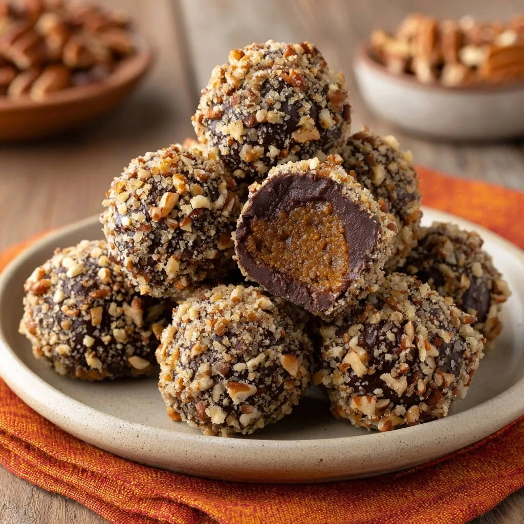 Pecan caramel truffles with a rich chocolate coating, one truffle cut open to show the gooey caramel center.