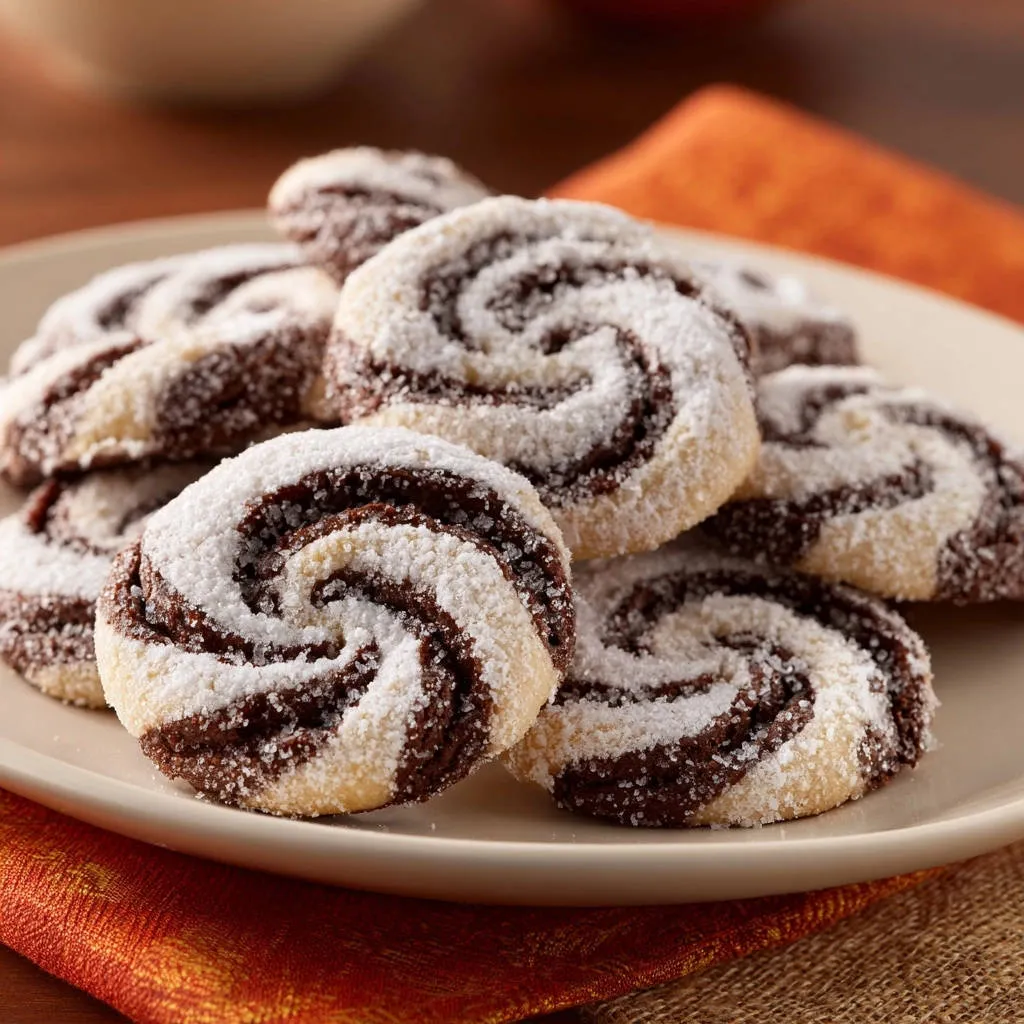 Peppermint swirl cookies, a batch of freshly baked treats dusted with powdered sugar, presented on a plate and viewed from a close-up angle.