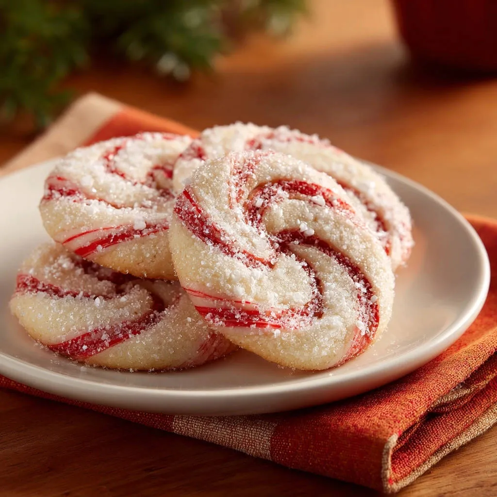 Peppermint swirl cookies plated on white and orange napkins, showcasing their festive red and white candy cane stripes.