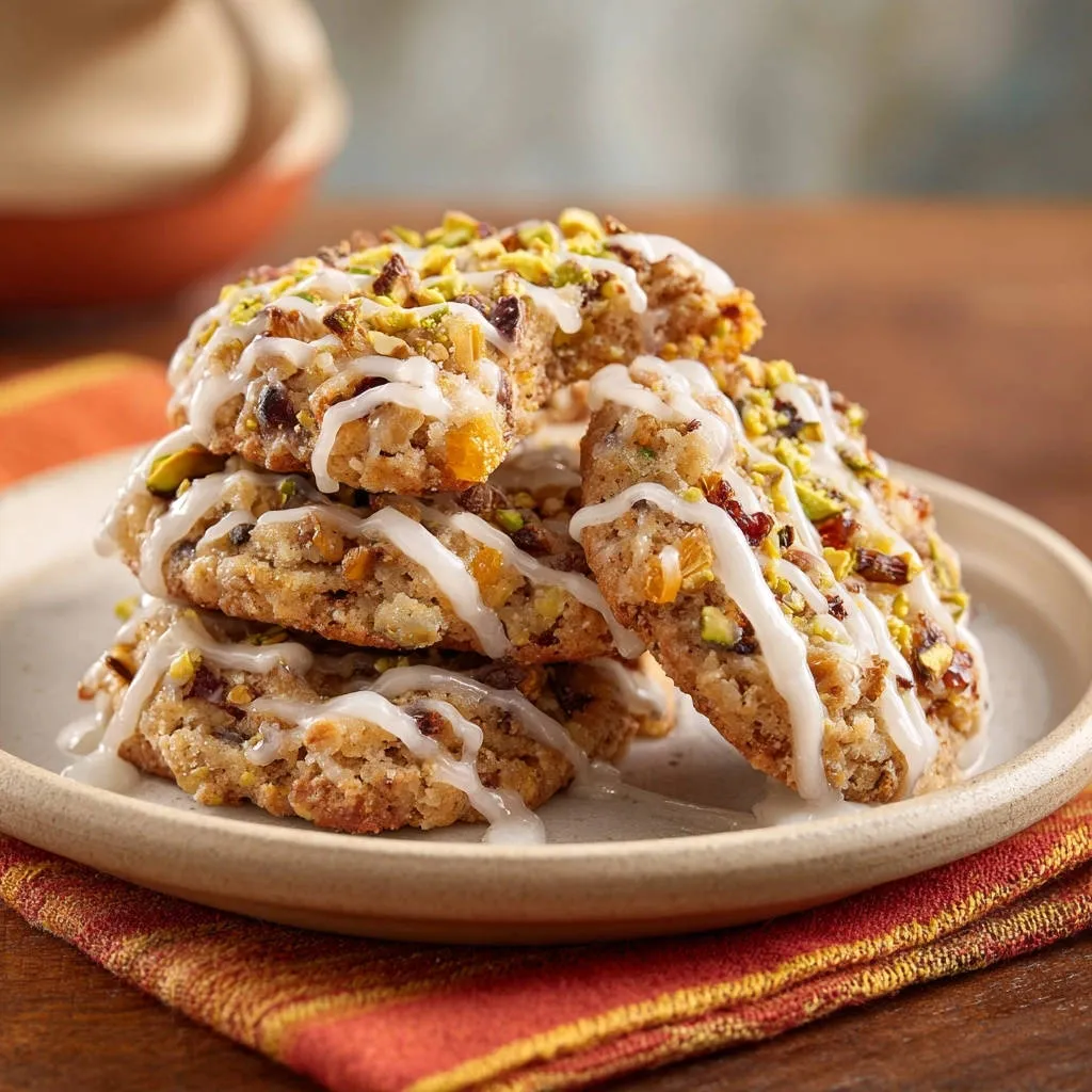 Pistachio apricot drop cookies stacked on a plate, drizzled with white icing and topped with chopped pistachios.