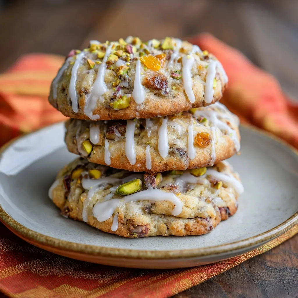 Pistachio apricot drop cookies stacked high on a plate, showcasing thick, chewy bites drizzled with white icing.