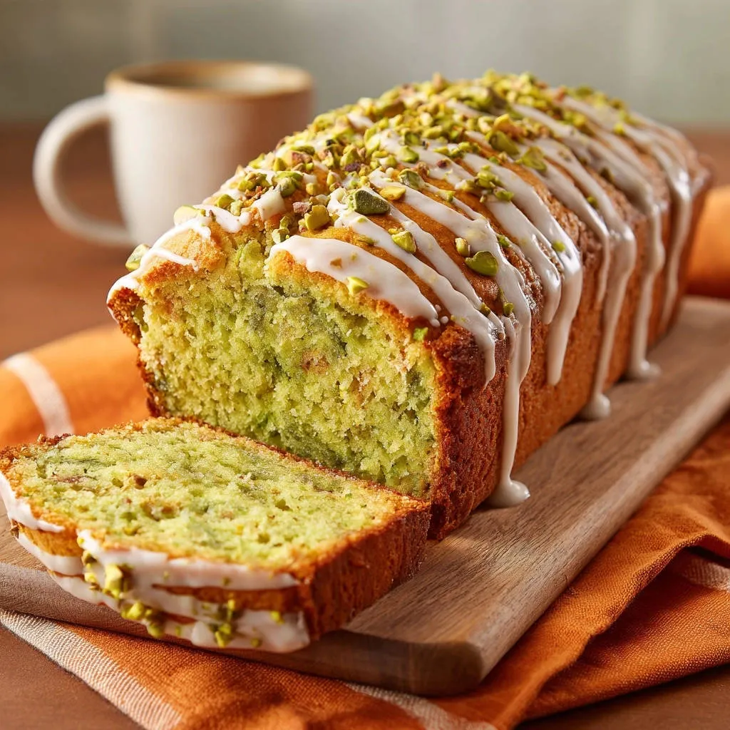 Pistachio Citrus Loaf, a moist loaf cake, is glazed with white icing and sprinkled with chopped pistachios, with a slice cut to show the interior.