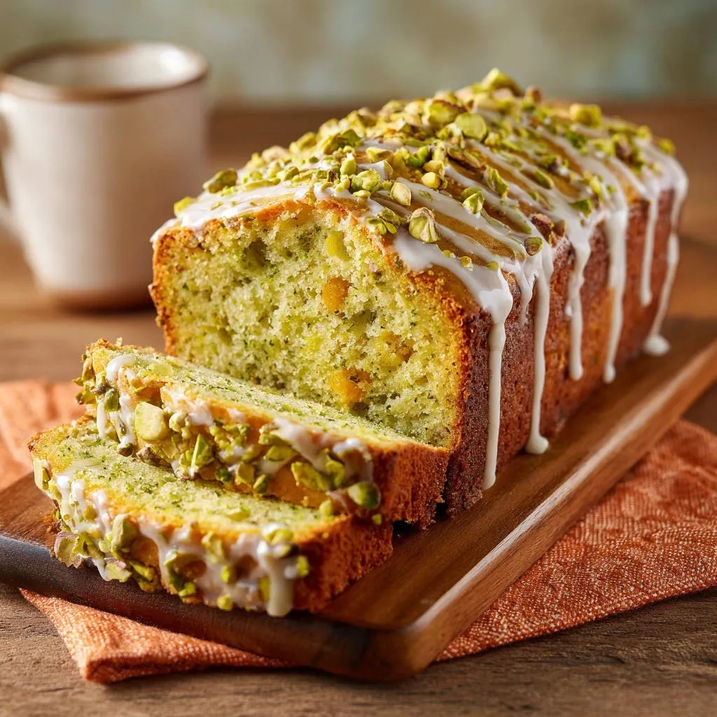 Pistachio citrus loaf sliced and topped with white glaze and chopped pistachios, showcasing its moist interior.