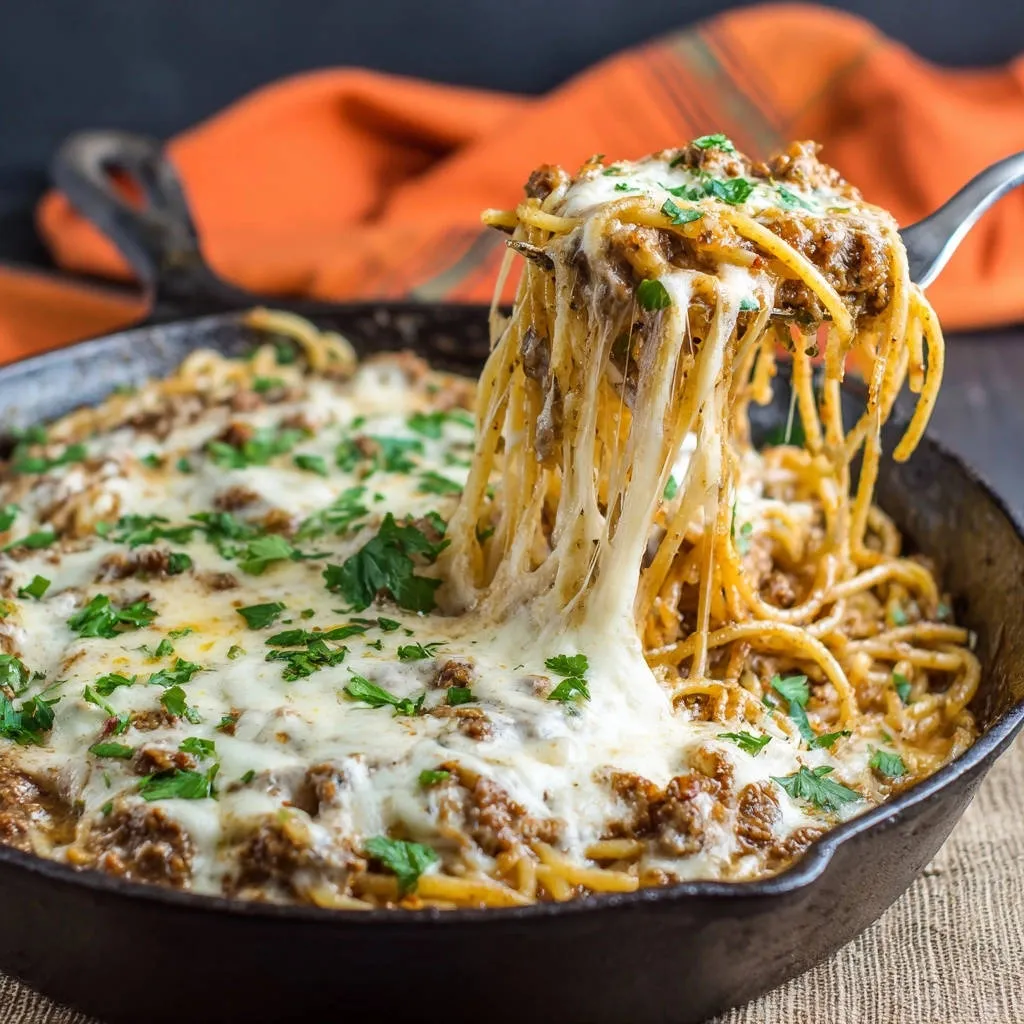 Juicy pulled meat spaghetti being lifted to show a generous cheesy pull from the cast iron skillet.