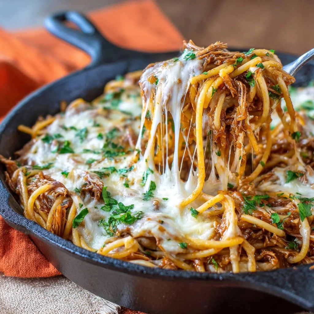 Juicy pulled meat spaghetti with a gooey cheese pull, garnished with fresh parsley in a cast iron skillet.