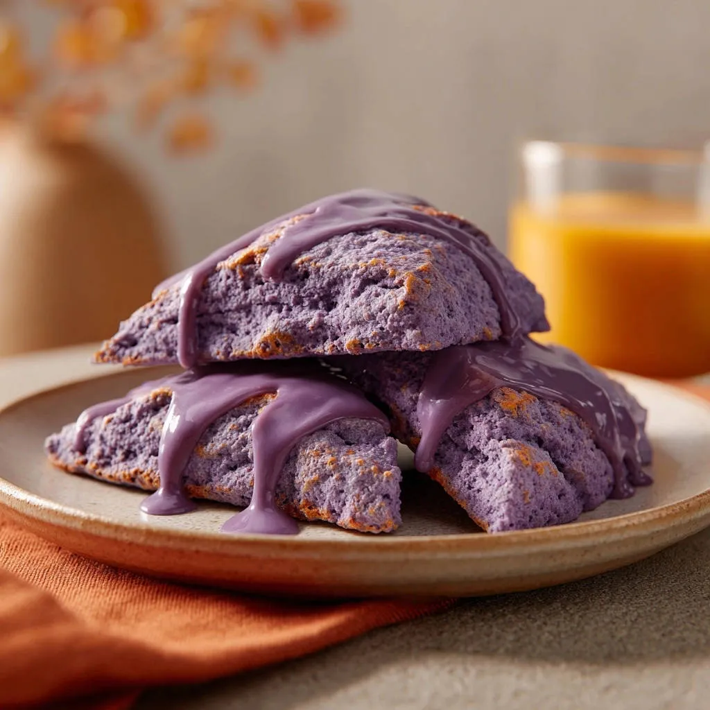 Whimsical purple scones with a glossy glaze drizzled over their textured tops, presented on a plate.