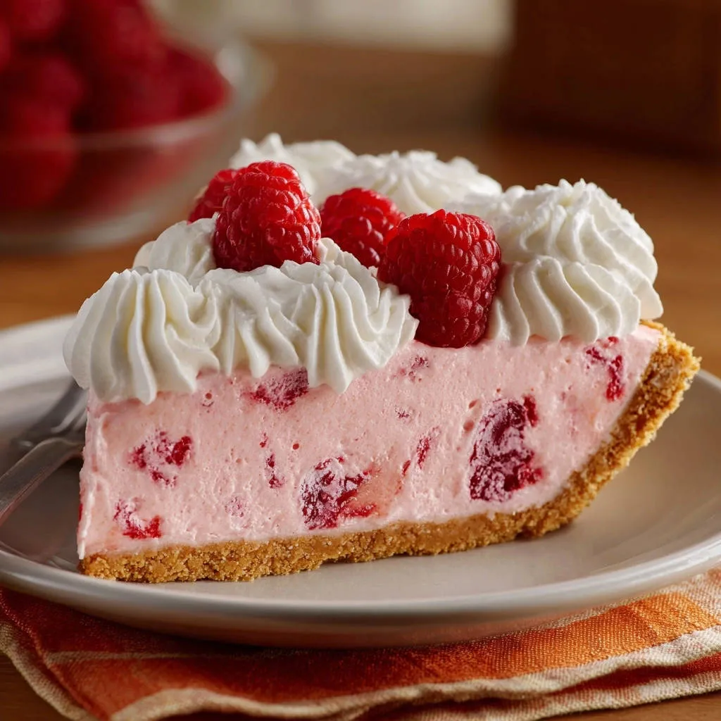Raspberry cream pie slice showing a cross-section with fresh raspberries and whipped cream topping.