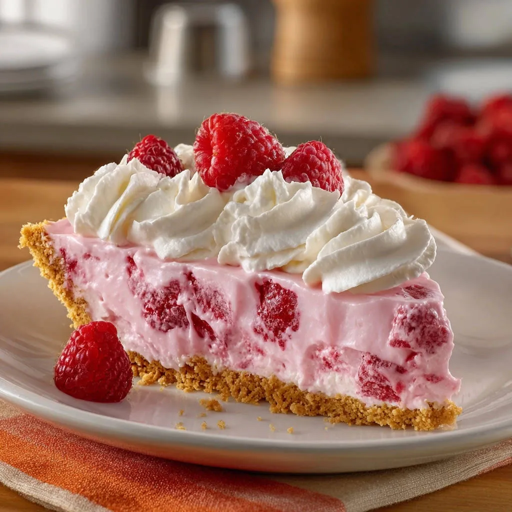 Raspberry cream pie slice with fresh raspberries and whipped cream topping, garnished with whole berries.