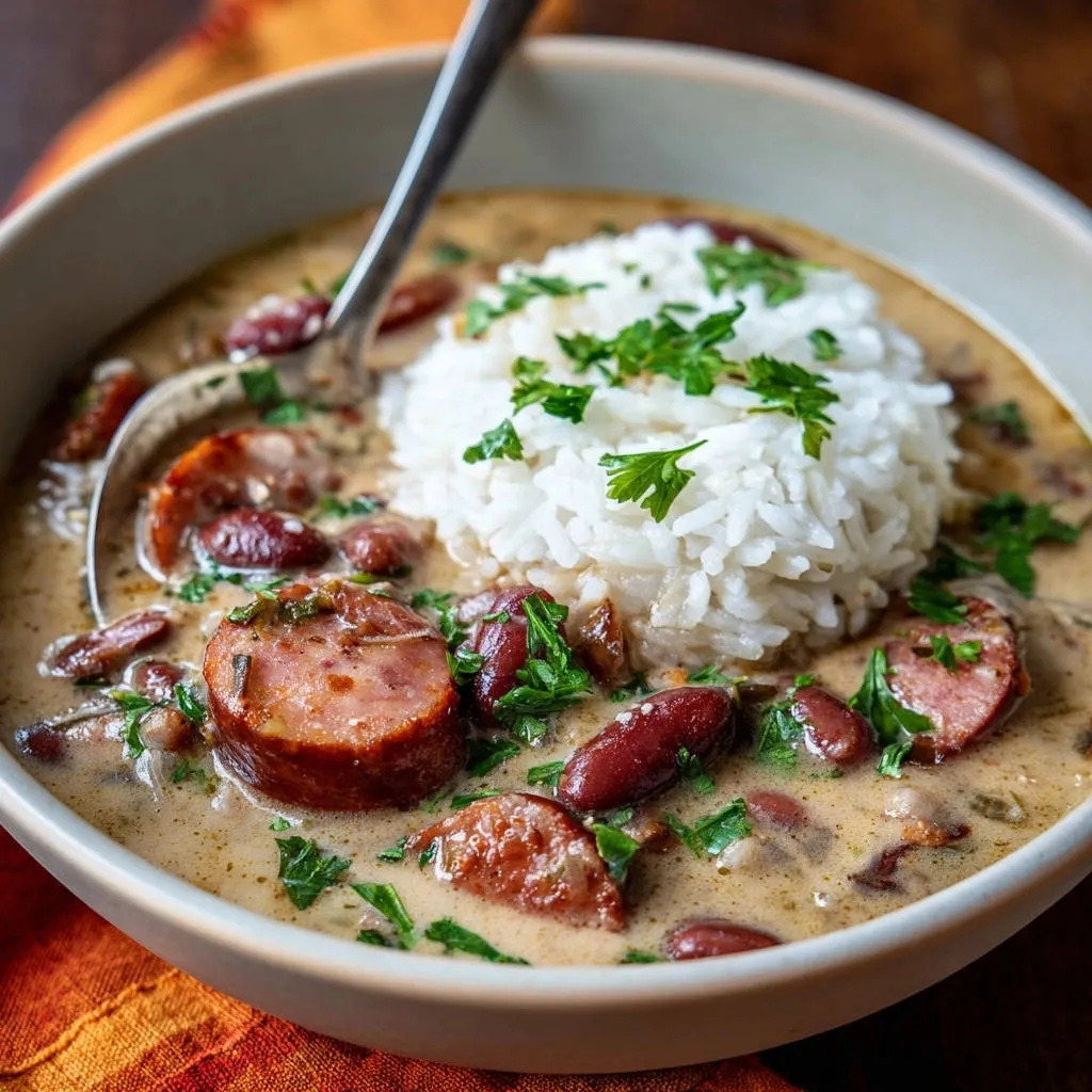 Classic red beans and rice with a close-up view of sliced sausage and a fresh parsley garnish.