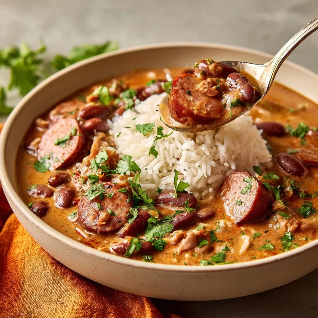 Classic red beans and rice with a spoonful of sausage, beans, and rice, highlighting the rich texture.