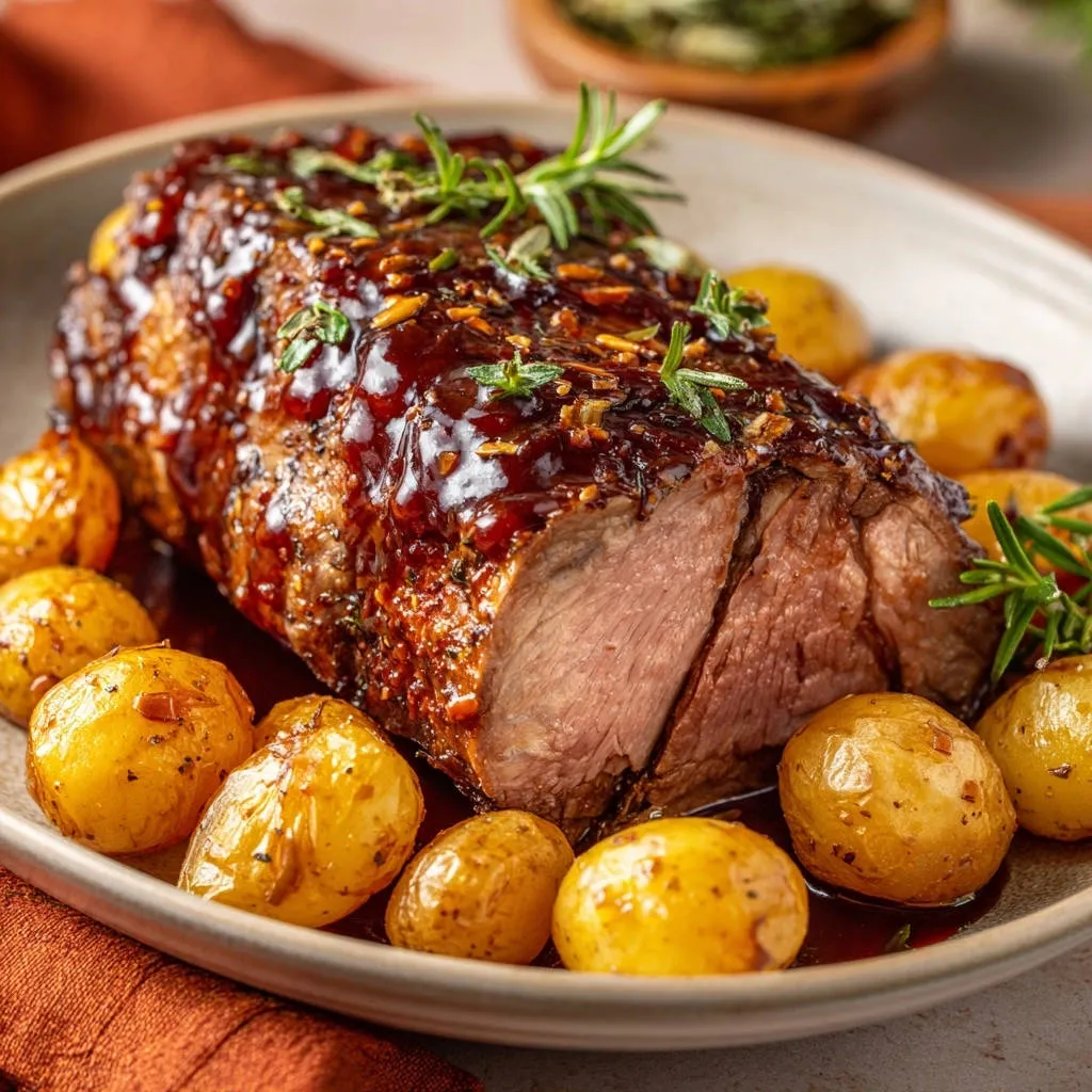 Roasted glazed meat and potatoes, showing a juicy cross-section of the tender meat and golden potatoes.