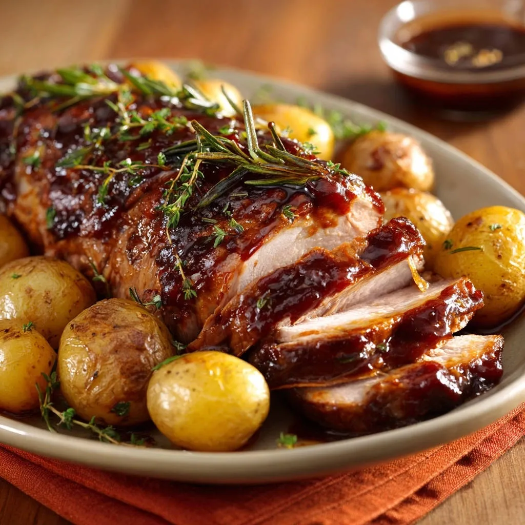 Roasted glazed meat and potatoes shown in a sliced cross-section, highlighting the juicy interior and tender texture.