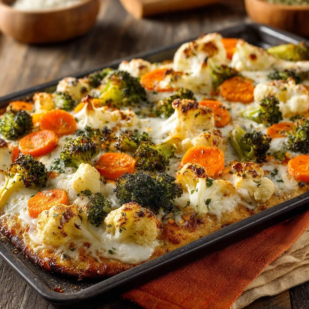 Roasted veggie flatbread with a close-up of molten cheese and roasted broccoli, cauliflower, and carrots.