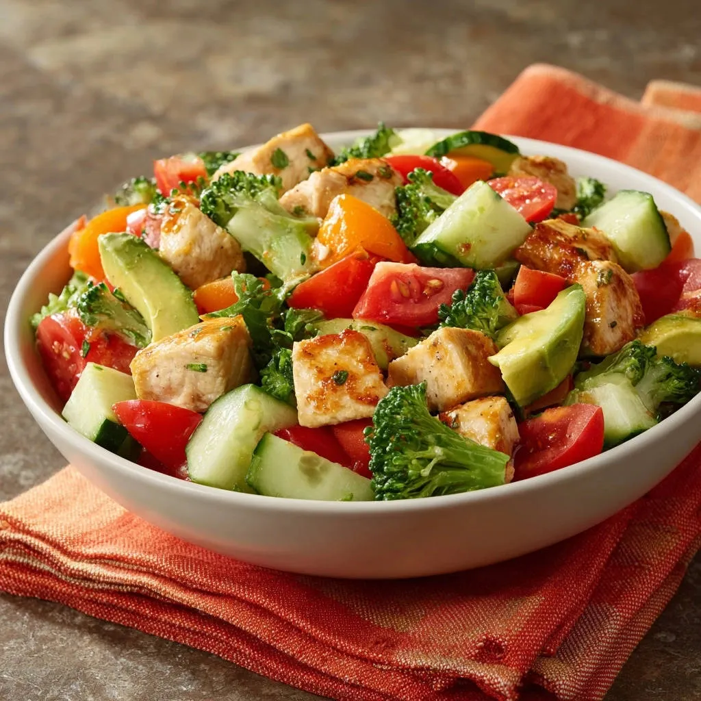 Salmon & Veggie Power Bowl features flaky salmon and fresh vegetables like broccoli, cucumber, and avocado in a white bowl.