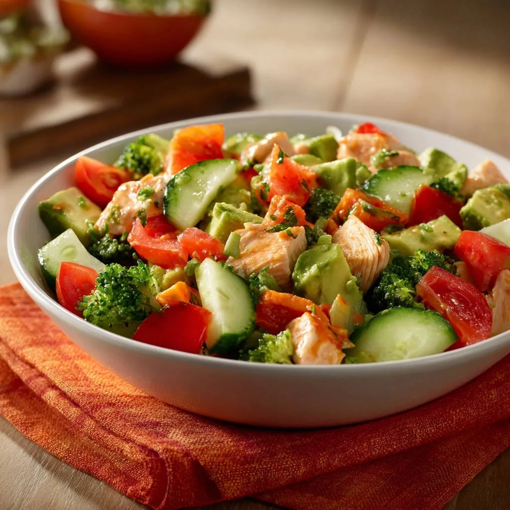 Salmon & Veggie Power Bowl with avocado, tomato, cucumber, and broccoli in a white bowl, close-up view.
