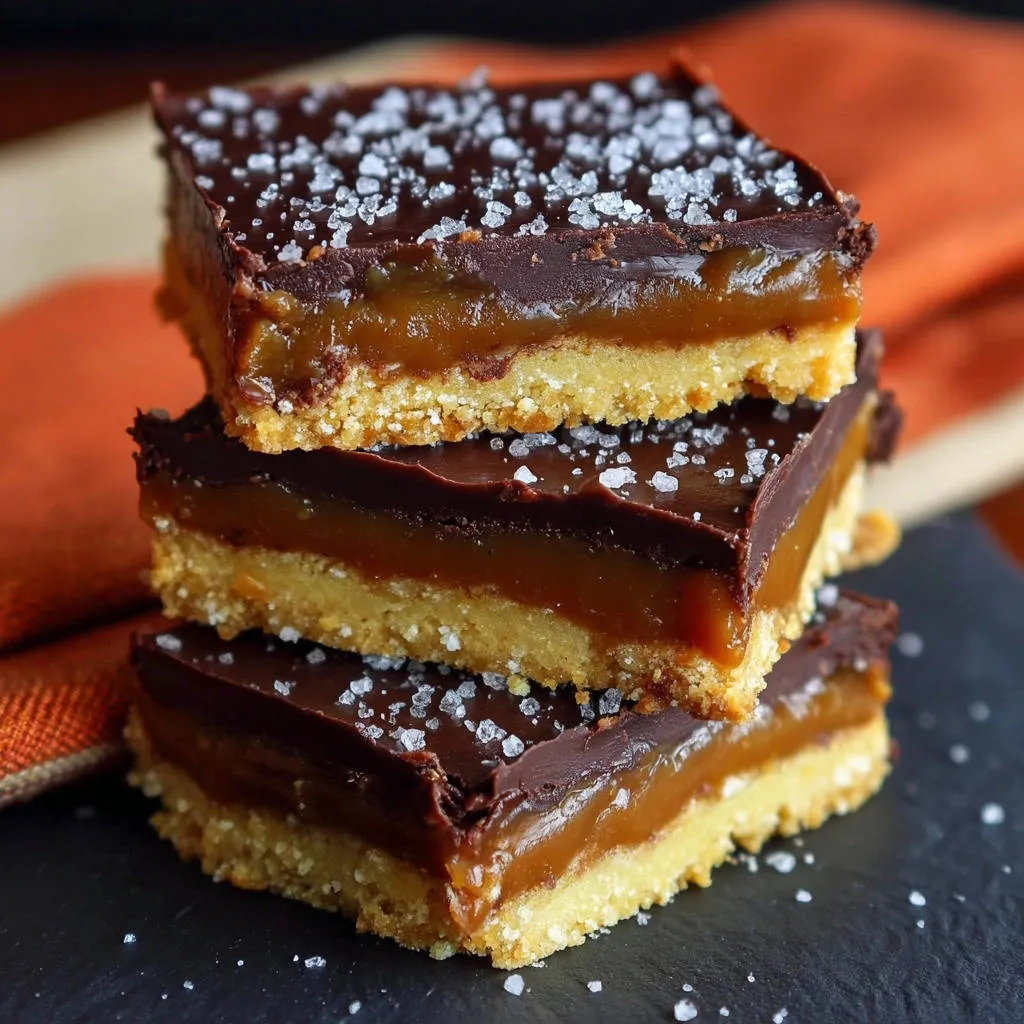 Salted caramel chocolate bars stacked, showing a close-up of the gooey caramel and chocolate layers with flaky sea salt.