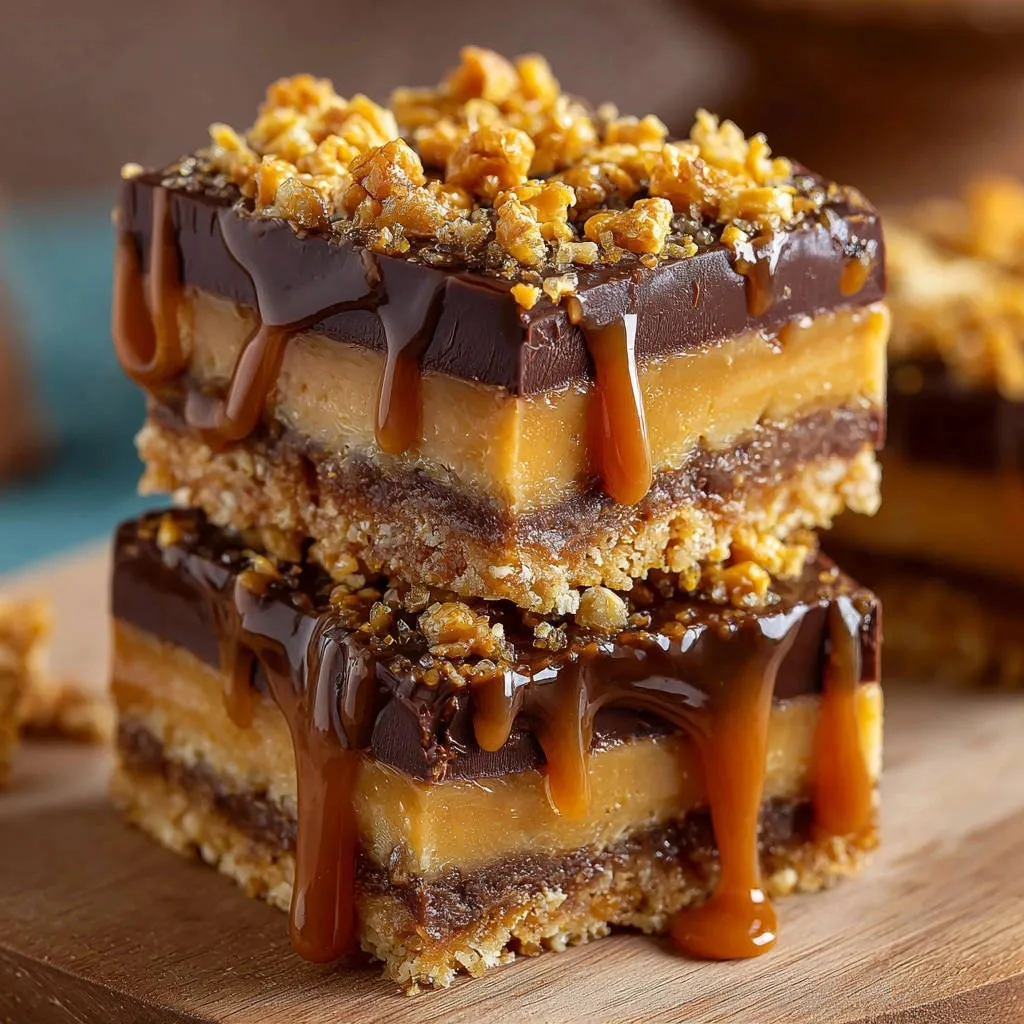Ultimate Salted Caramel Chocolate Bars stacked in a close-up view, showcasing layers of chocolate, caramel, and crunchy topping with drizzles.