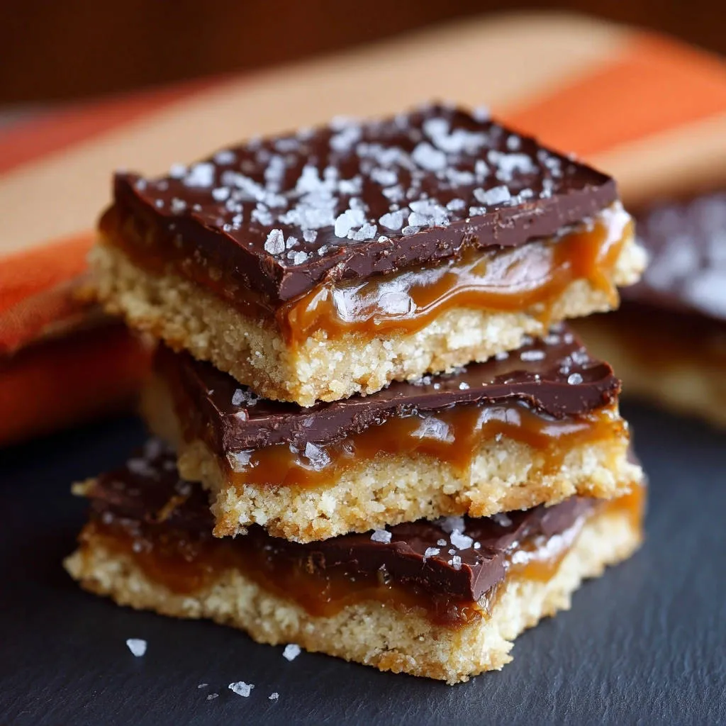Salted caramel chocolate bars stacked, showing a gooey caramel layer and shortbread base in a close-up cross-section.