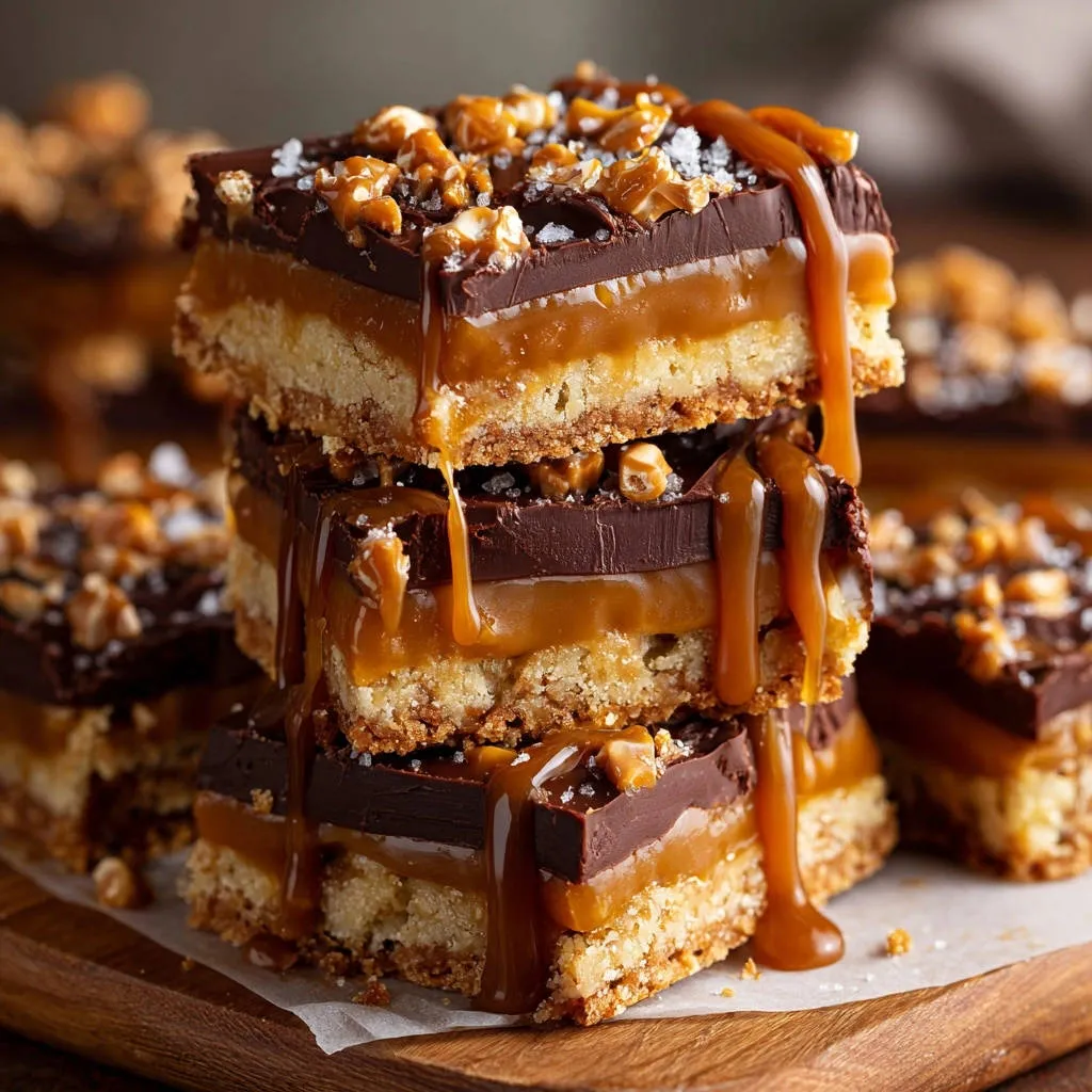 Salted Caramel Chocolate Crunch Bars stacked high, with rich caramel dripping down the sides.