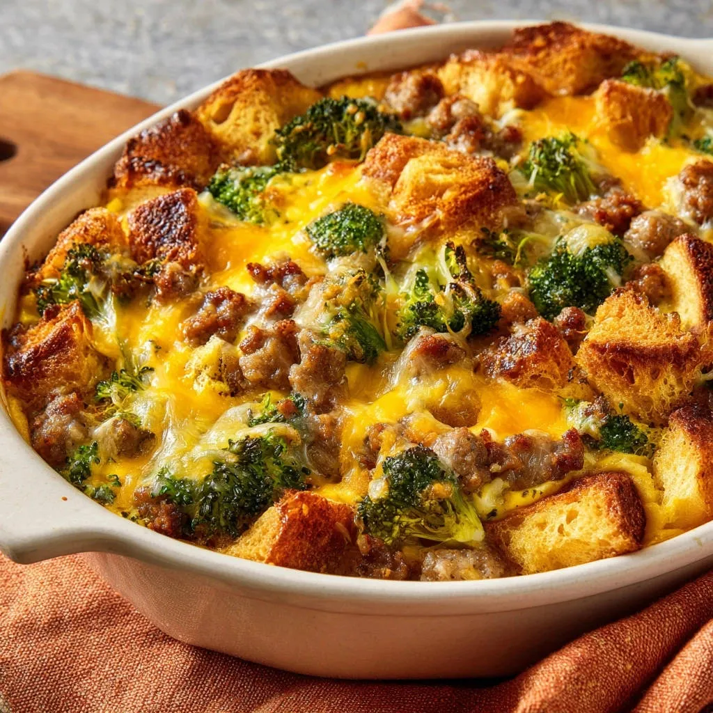 Sausage, broccoli, and cheddar breakfast bake shown with a close-up of its golden, cheesy top and toasted bread cubes.