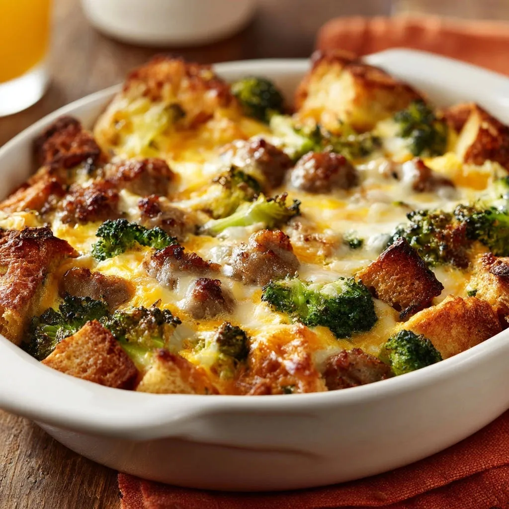 Sausage, broccoli, and cheddar breakfast bake shown in a white casserole dish with a close-up view of the cheesy, baked texture.