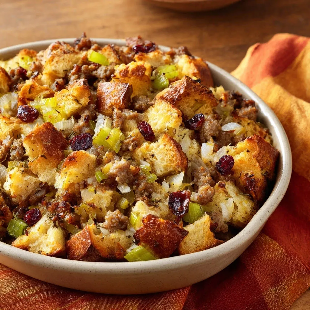 Savory sausage and cranberry stuffing shown in a close-up view within a serving bowl.