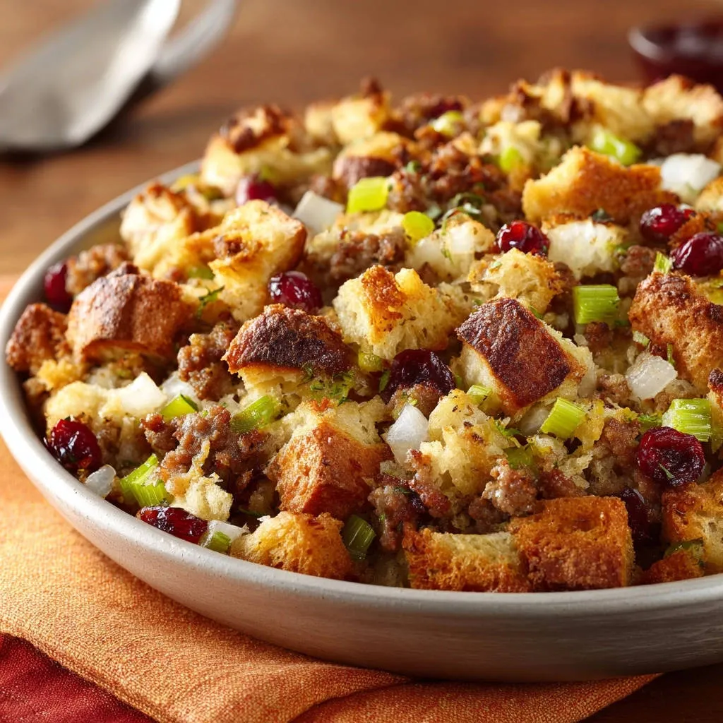 Savory sausage & cranberry stuffing with a crispy top served in a close-up view of a serving bowl.