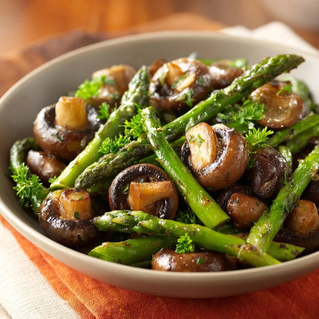 Sautéed asparagus and mushrooms, a golden and crispy mix, served in a close-up bowl with fresh parsley garnish.