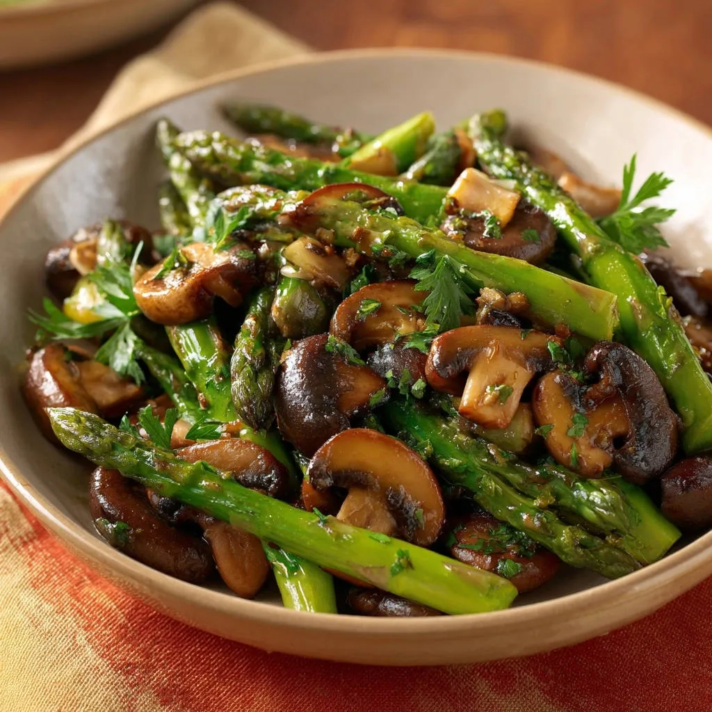 Sautéed asparagus & mushrooms shown in a close-up view within a rustic bowl, garnished with fresh parsley.