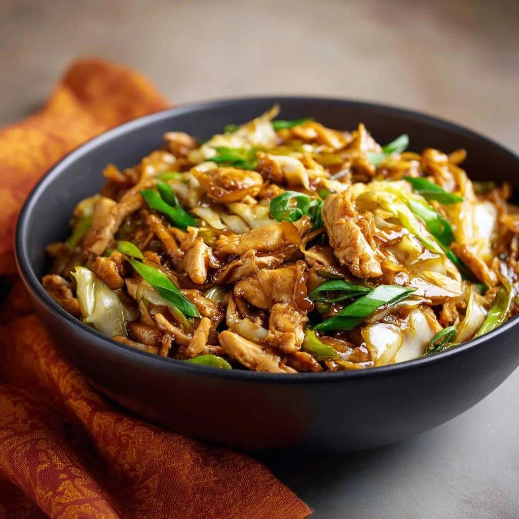 Savory chicken and cabbage stir-fry served in a dark bowl, showcasing tender chicken and crisp cabbage with green onions.
