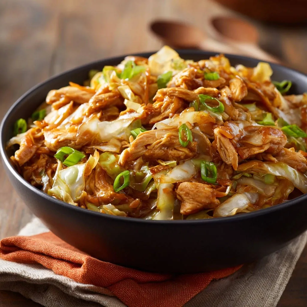 Savory chicken and cabbage stir-fry in a dark bowl, featuring tender chicken and crisp cabbage with a glossy sauce.