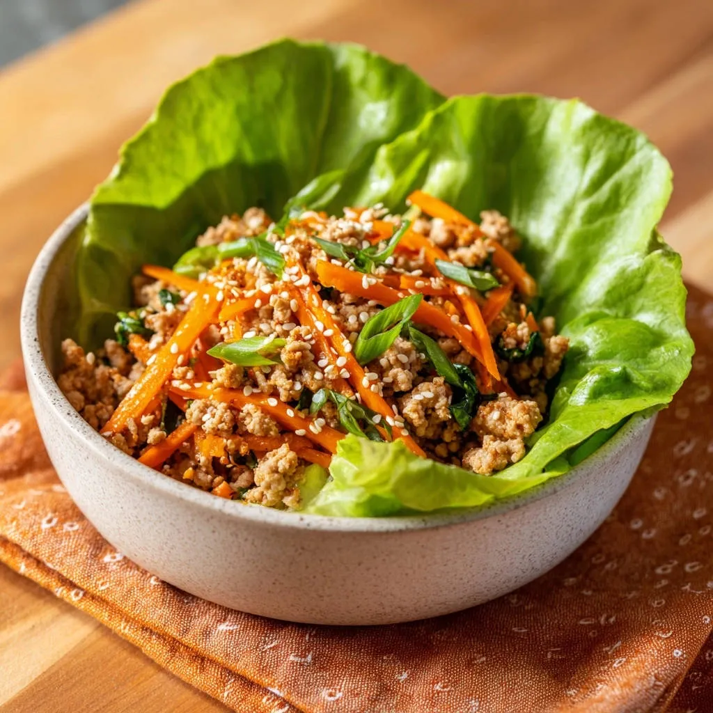 Savory chicken lettuce wraps are served in a bowl, garnished with sesame seeds and scallions, with shredded carrots mixed in.