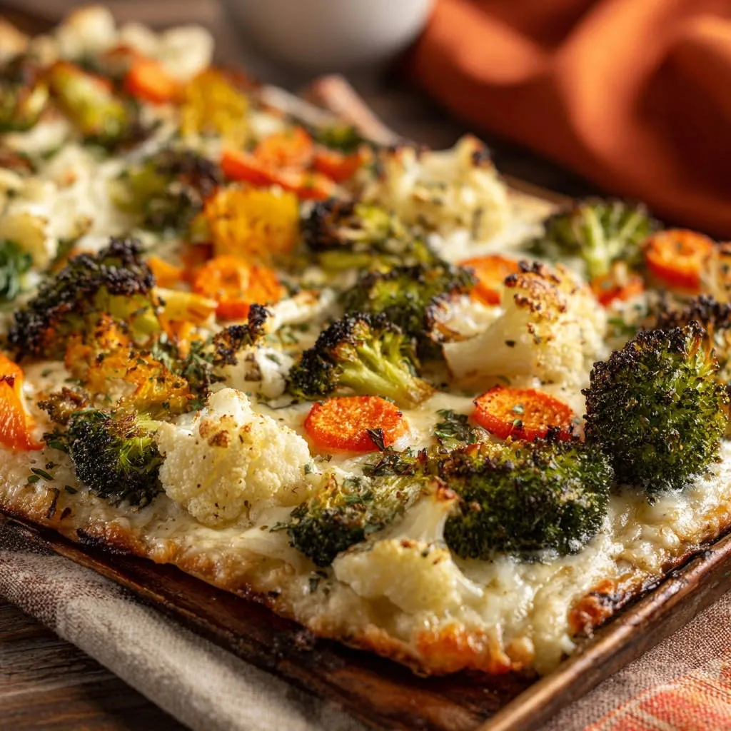 Sheet pan veggie flatbread topped with roasted broccoli, cauliflower, and carrots, showcasing a golden-brown crust.