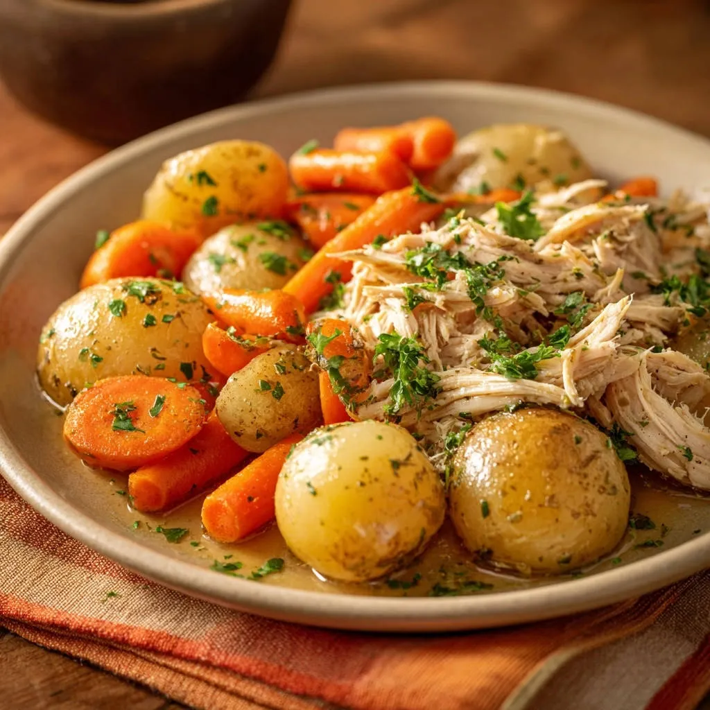 Shredded chicken & veggie pot with tender potatoes and carrots, garnished with fresh parsley in a close-up view.