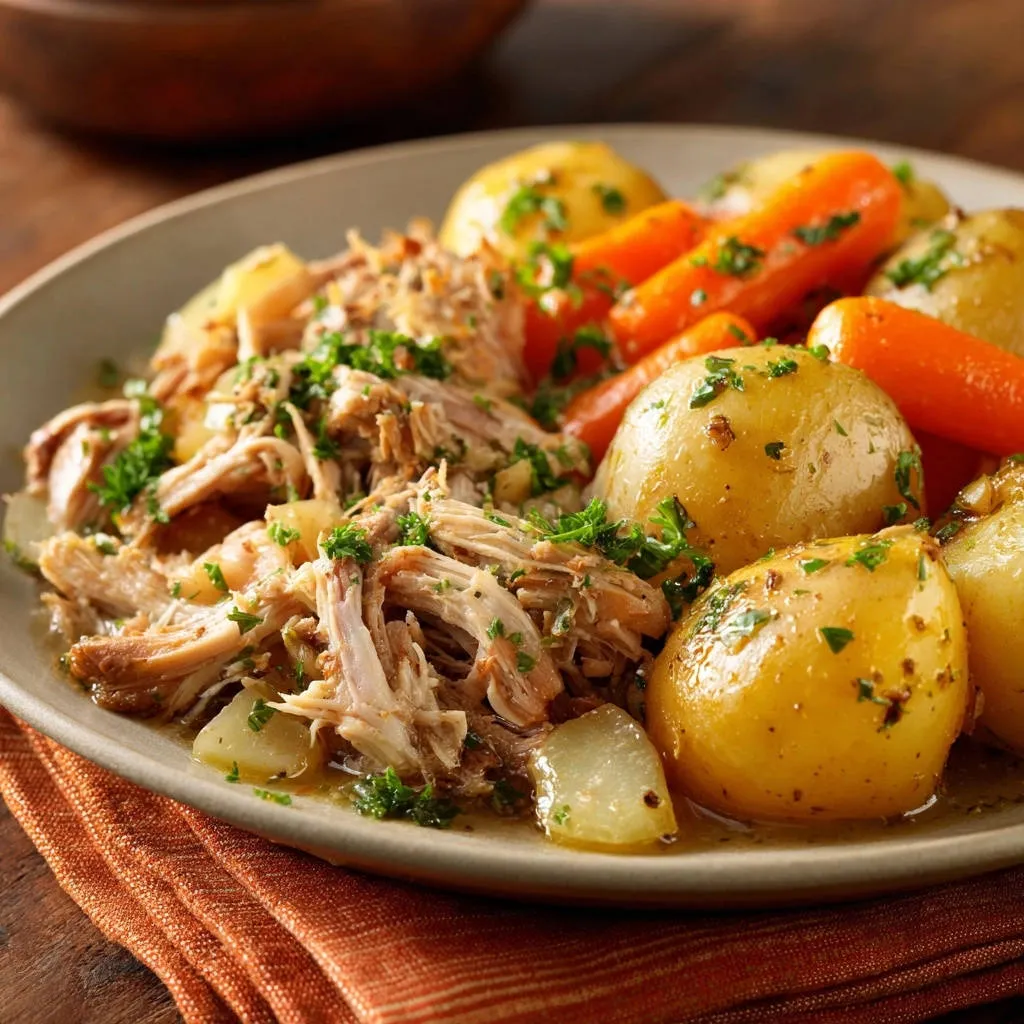 Shredded chicken and veggie pot served on a plate with a close-up view of tender chicken and potatoes.