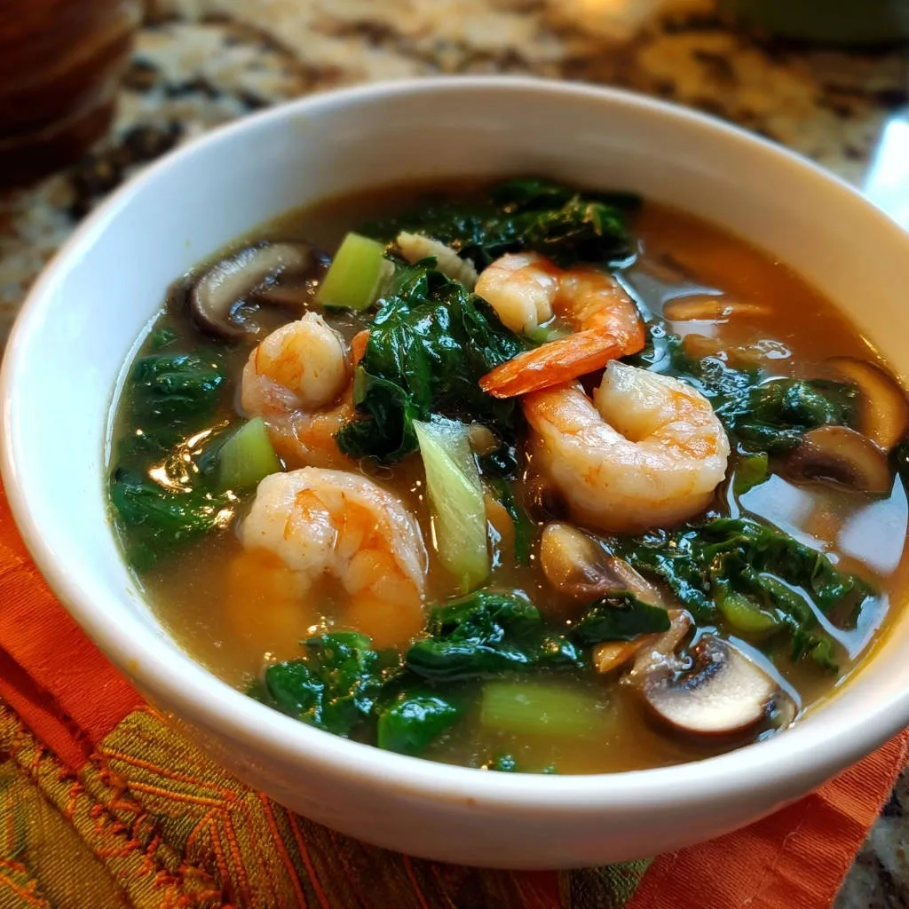 Quick Shrimp & Greens Soup in a white bowl, showing tender shrimp, leafy greens, and mushrooms in broth.