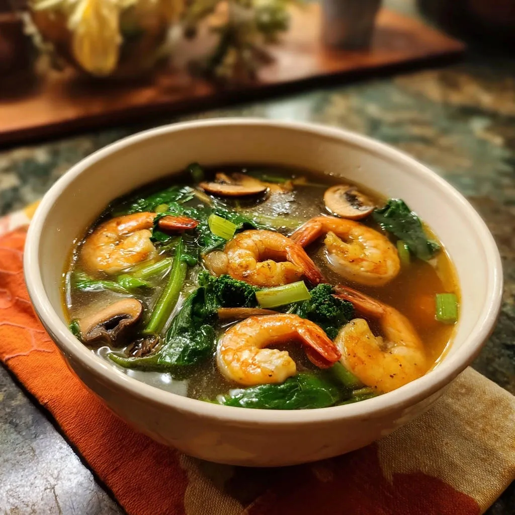 Quick Shrimp & Greens Soup served in a white bowl, showcasing tender shrimp, broccoli, and mushrooms in broth.