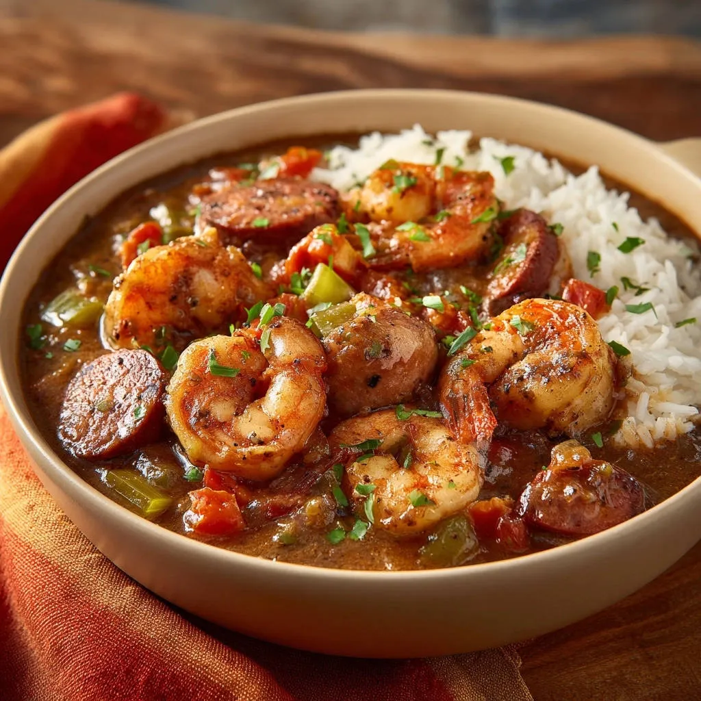 Hearty Shrimp & Smoked Sausage Gumbo in a bowl, showcasing plump shrimp, sliced sausage, and rice with a close-up view.
