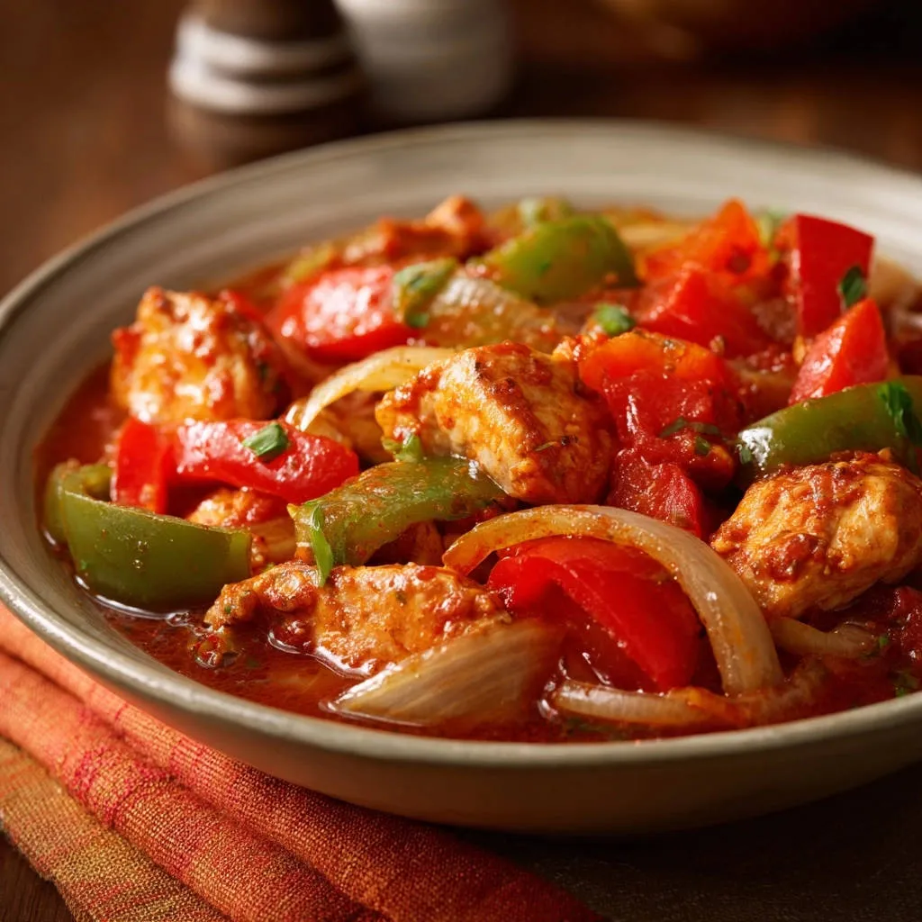 Skillet chicken and peppers served in a rustic bowl, showcasing tender chicken pieces with vibrant bell peppers and onions in a rich sauce.