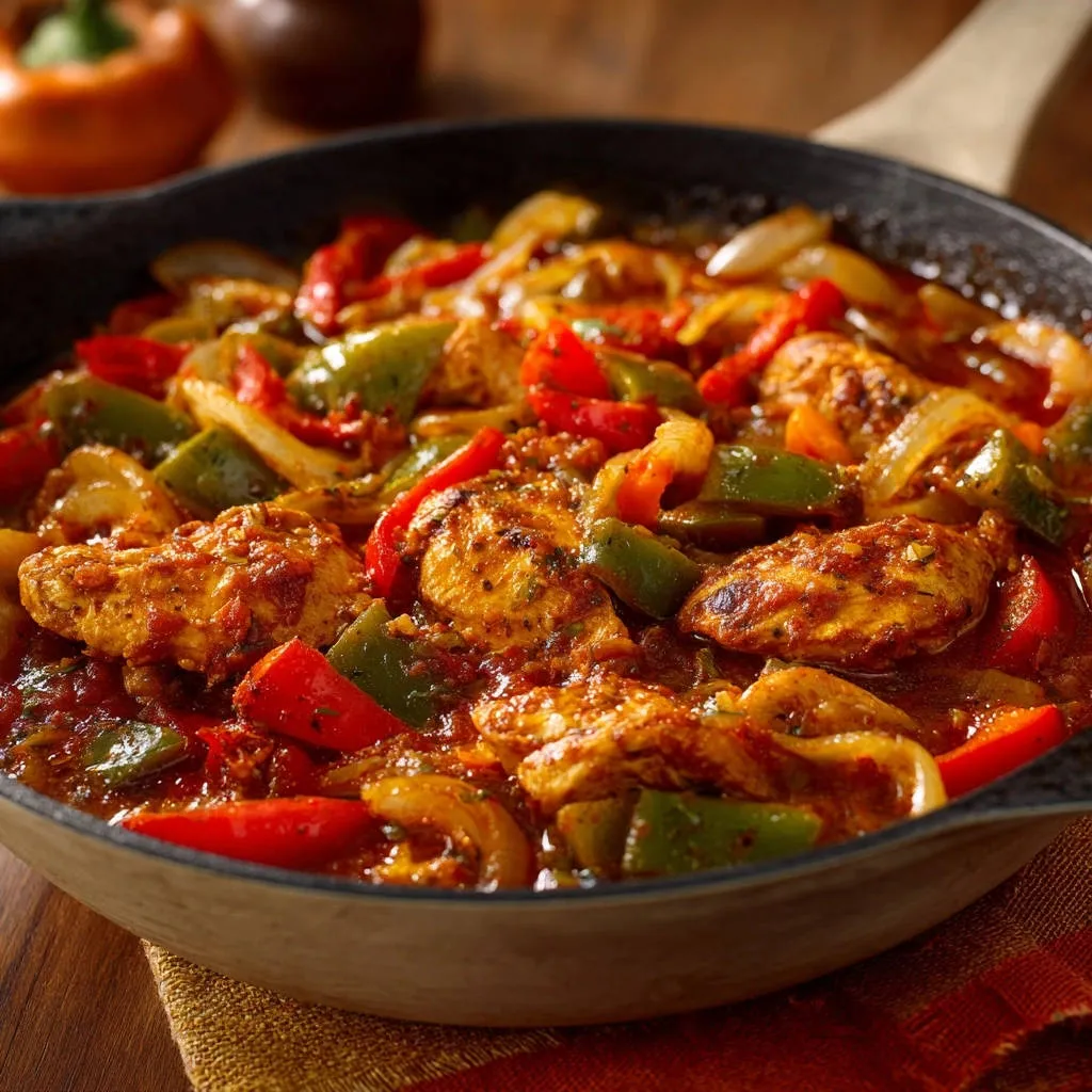 Skillet chicken and peppers shown in a close-up view within a cast iron skillet, highlighting the juicy textures.