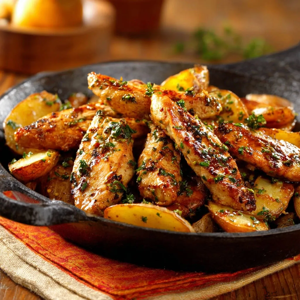 Skillet chicken and potatoes shown in a close-up view within a cast iron pan, glistening with sauce.