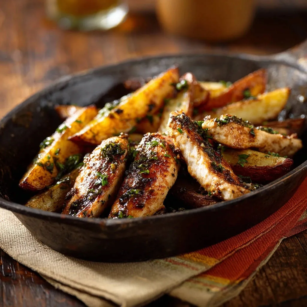 Skillet chicken and potatoes with a close-up detail of fresh herbs sprinkled over the seasoned chicken and potato wedges.