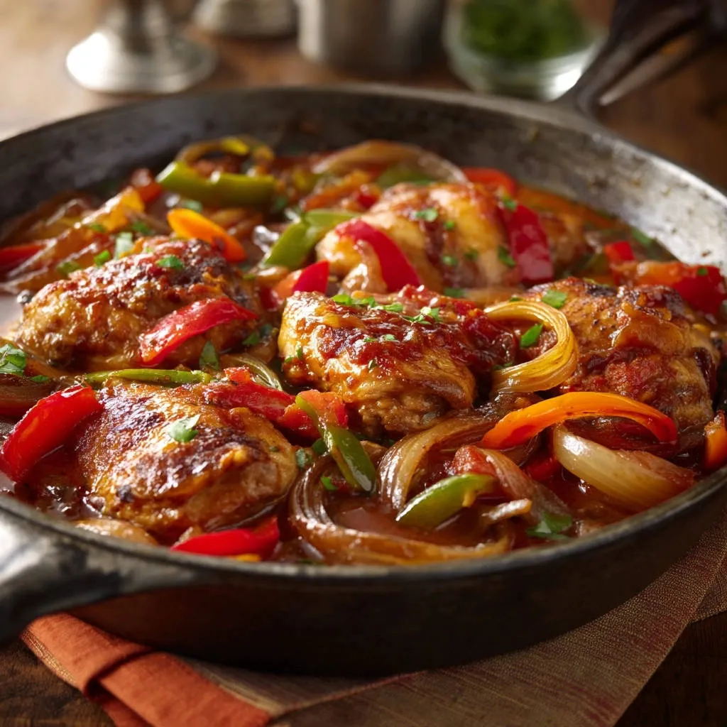 Skillet chicken with peppers and onions, a close-up view of the cooked dish in a cast-iron skillet.